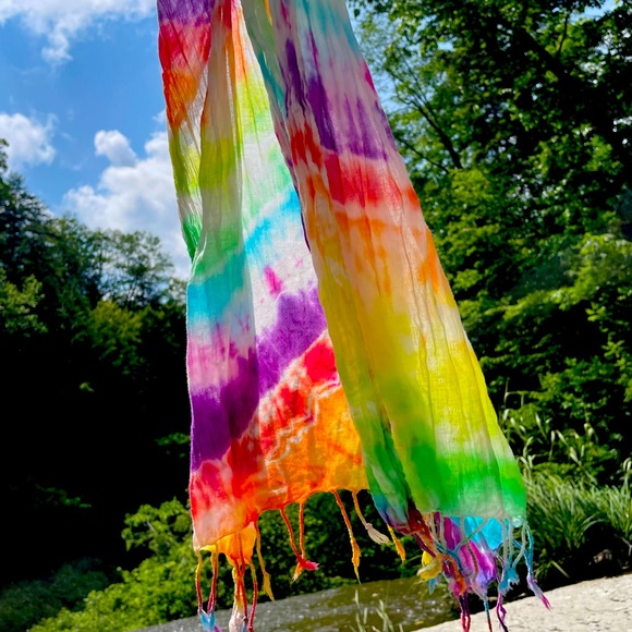 Pride Rainbow hand-dyed fringe scarf (cotton) - Picture 2 of 3